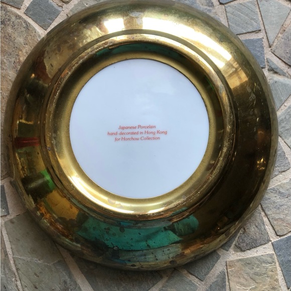 6427 Japanese Porcelain Decorative Bowl Hand Painted Horchow Brass Encased - Picture 6 of 13